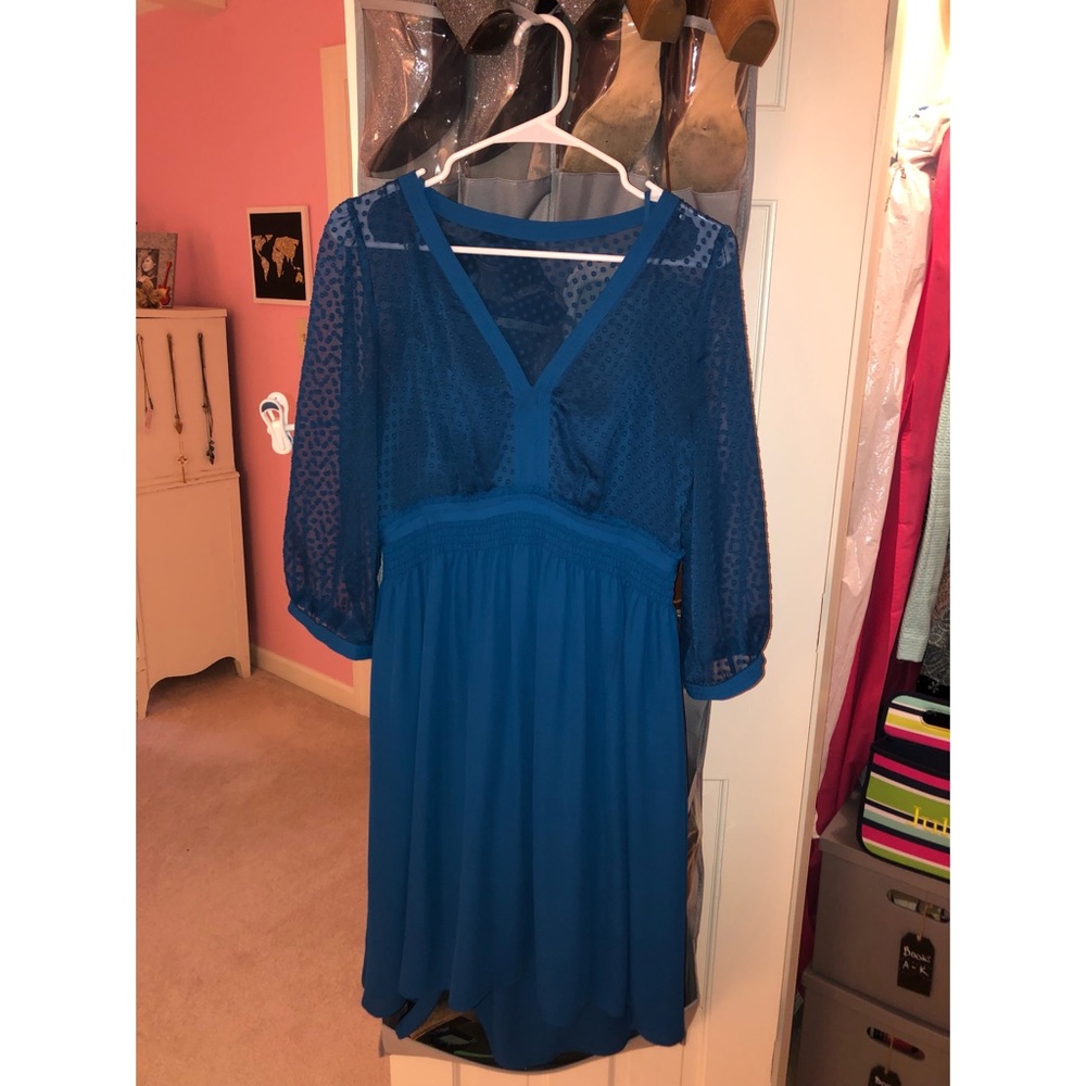 Blue polka dot sheer overlay dress
